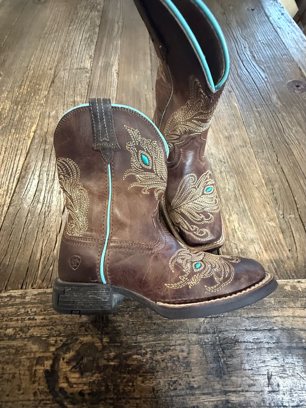 Ariat Brown Kids Western Boots with Turquoise Accents